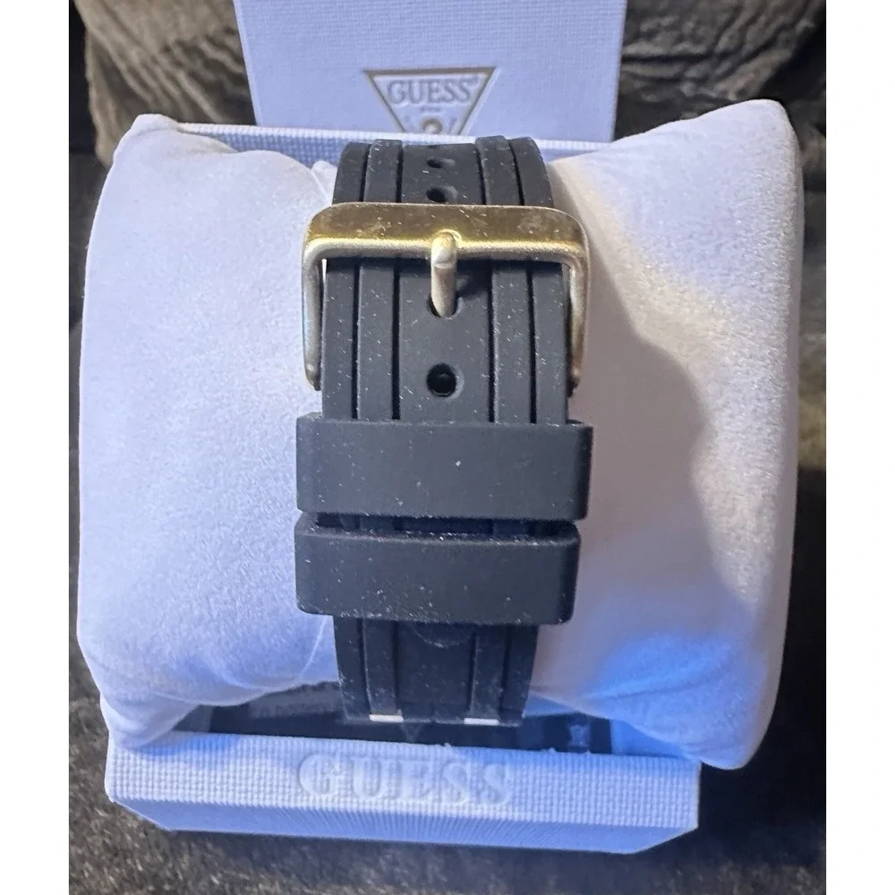 Guess Men's Iconic Black‎ Dial Gold Tone Silicone Band Analog Watch NIB